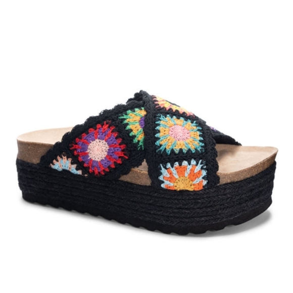 New! Crochet Colorful Patchwork Espadrille Flatform Slide Sandals by DL - Picture 1 of 13